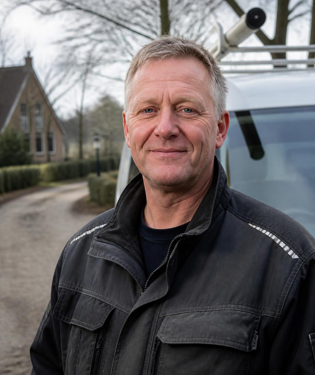 Gerrit van de Beek bij zijn bus in Voorthuizen